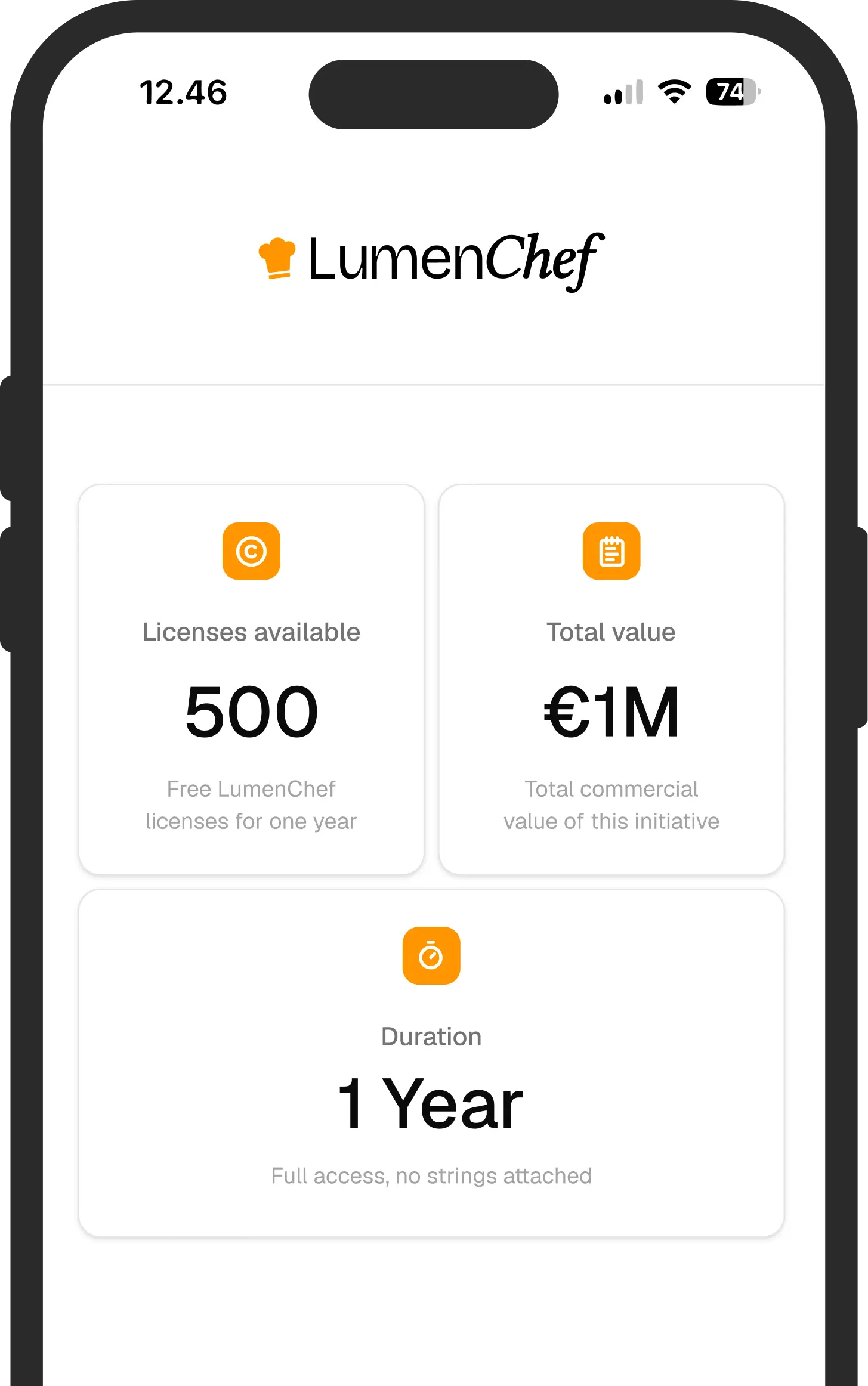 LumenChef showing 500 free licenses worth €1M for one year